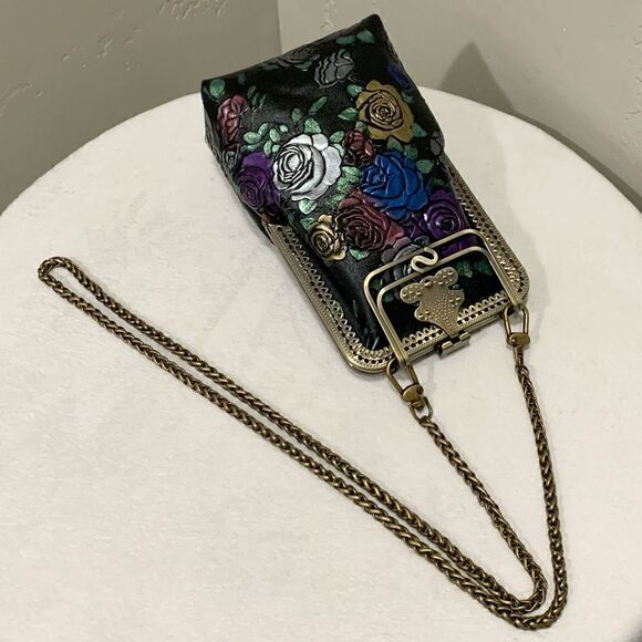 Handmade Genuine Embossed Rose Cowhide Clutch/Phone Case, Kiss Clasp/Clip Pouch - Picture 10 of 16